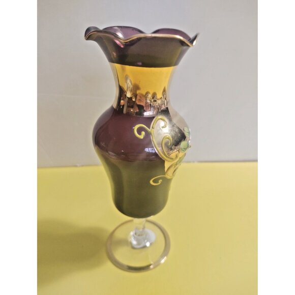 Vintage NASCO Japan Amethyst Glass Vase Raised Enamel Flowers 7" - Picture 6 of 10